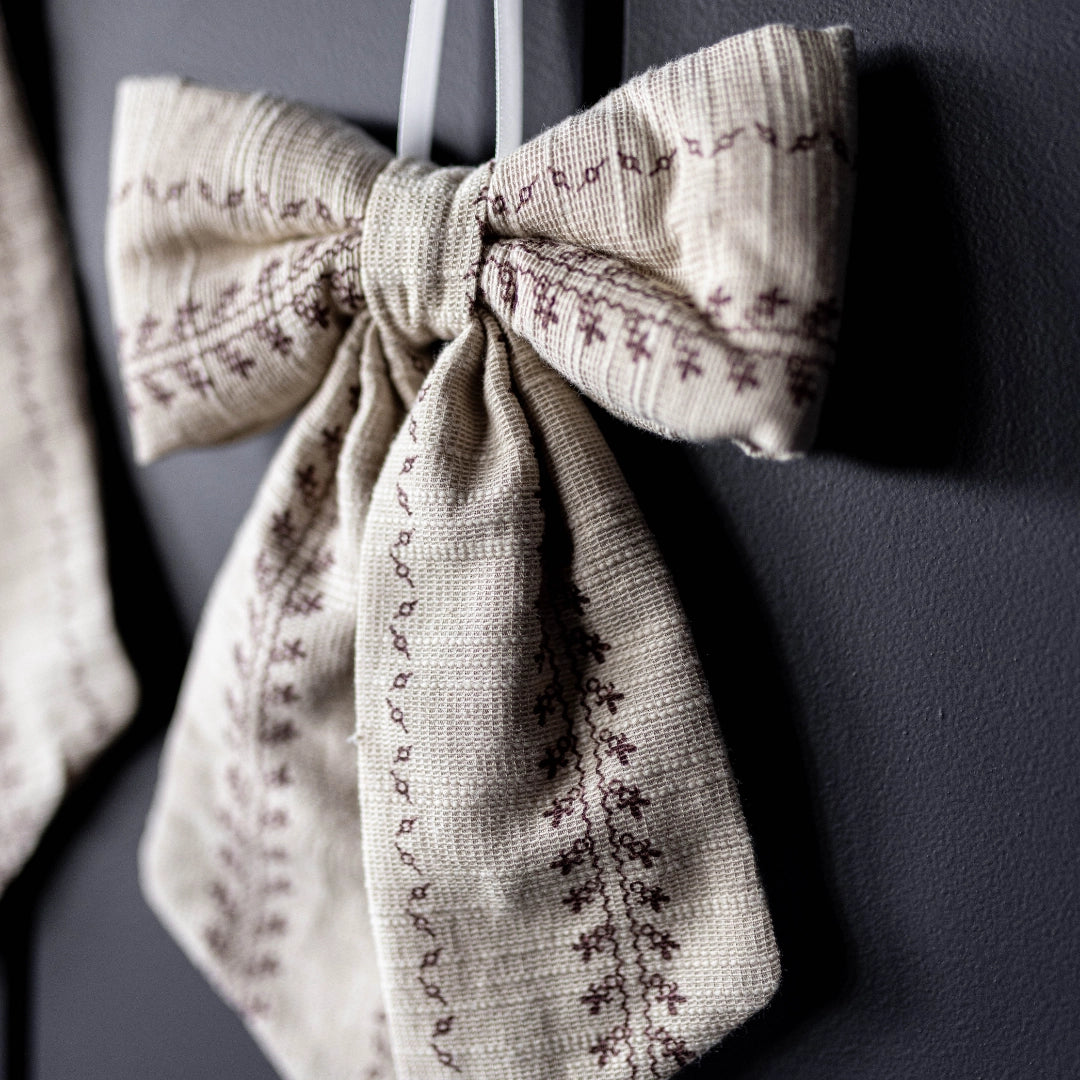 Folk Beige Stripe Embroidery Fabric Bow